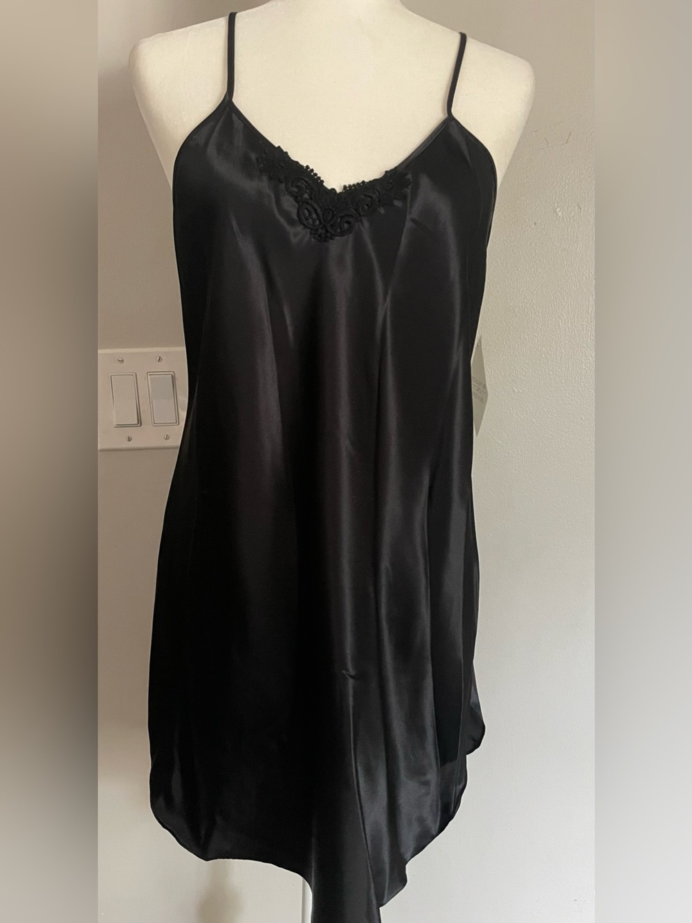 NWT Vtg 90s Romantic Moods Black Satin Slip Dress Nightgown Lingerie USA M